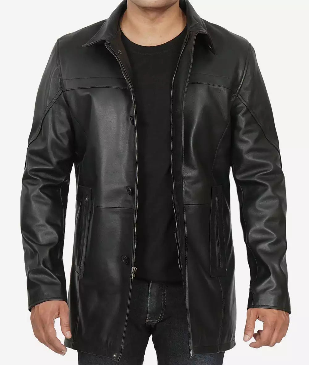 Bristol Men's Black Real Leather Car Coat - 3/4 Length Coat