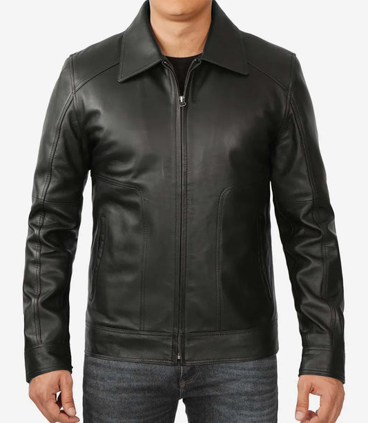 Men's Classic Black Shirt Collar Leather Jacket