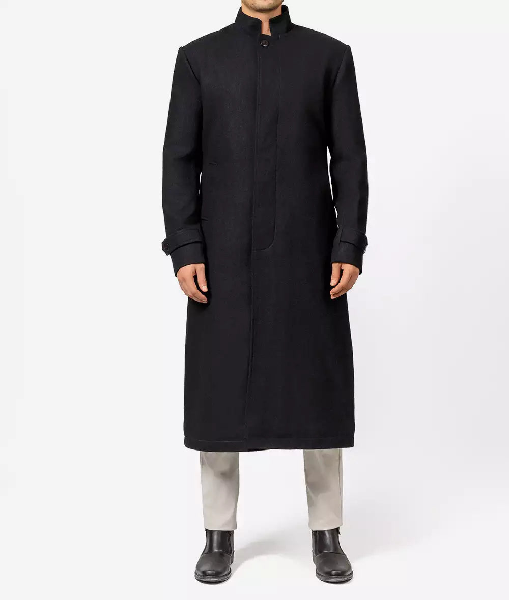 McGhee Men's Black Trench Long Wool Coat