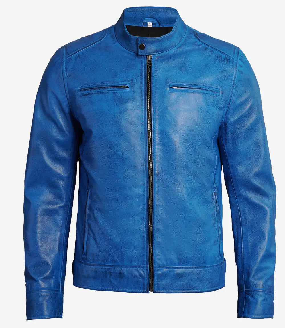 Men's Cafe Racer Real Lambskin Blue Leather Jacket