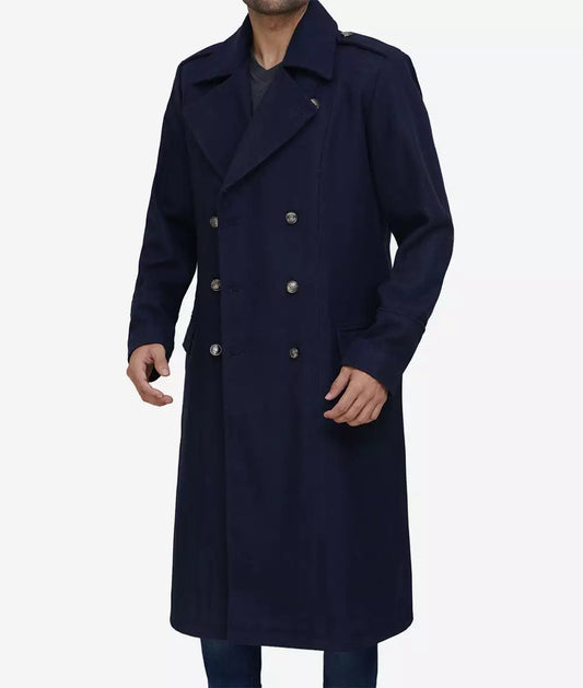 Wallace Men's Double Breasted Blue Overcoat