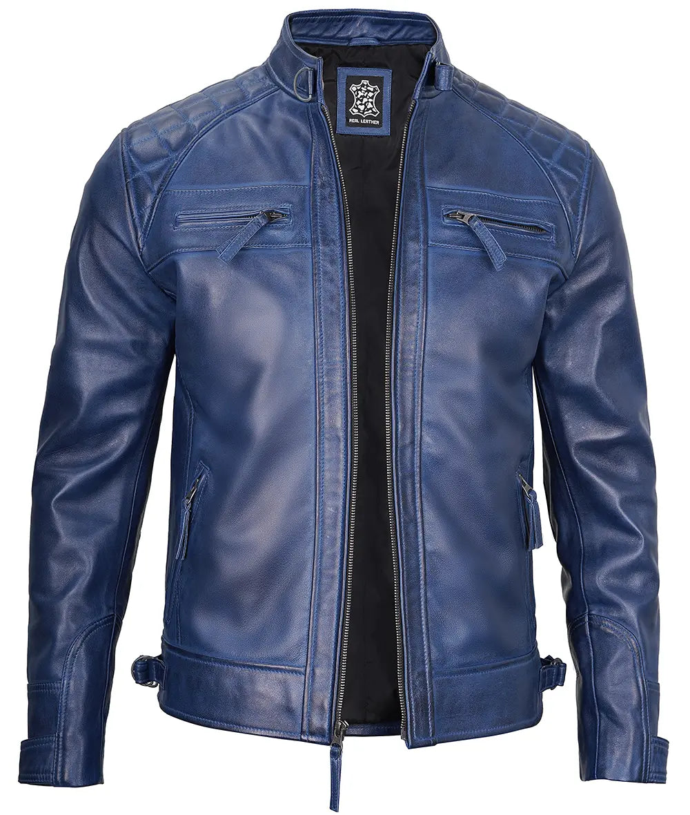 Men's Blue Cafe Racer Leather Jacket - Quilted Shoulder