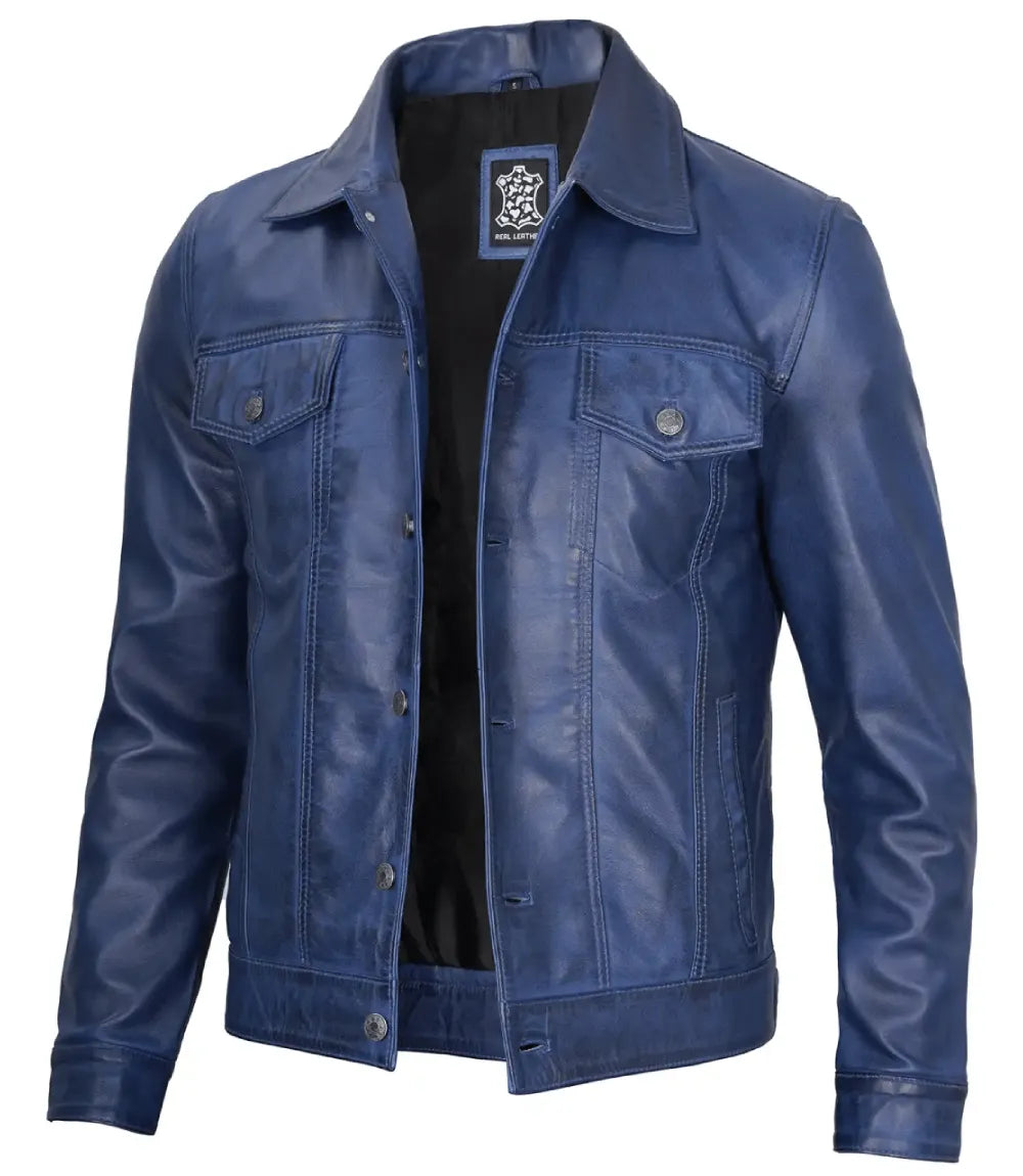 Men's Blue Real Lambskin Leather Trucker Jacket