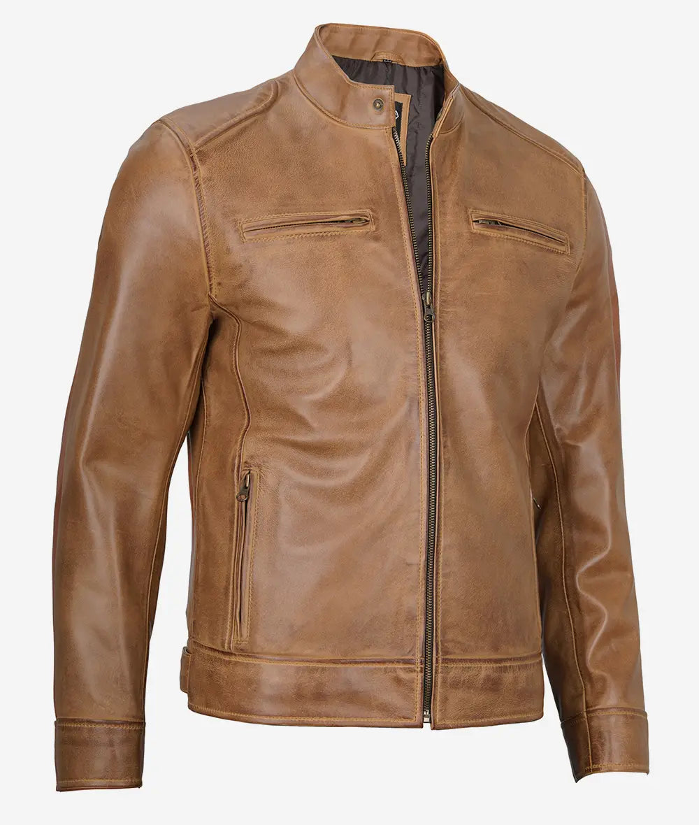 Men's Camel Brown Distressed Cafe Racer Real Leather Jacket