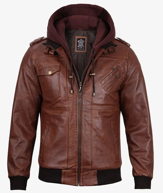 Men's Brown Leather Bomber Jacket With Removable Hood