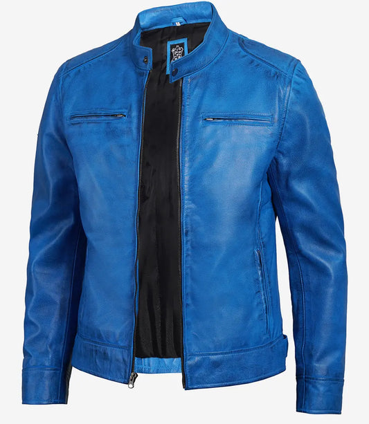 Men's Cafe Racer Real Lambskin Blue Leather Jacket