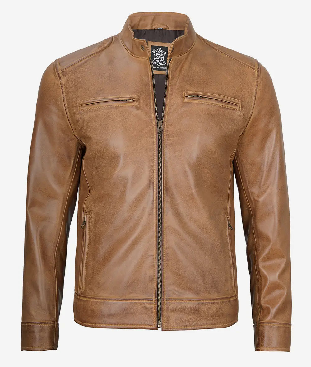 Men's Camel Brown Distressed Cafe Racer Real Leather Jacket