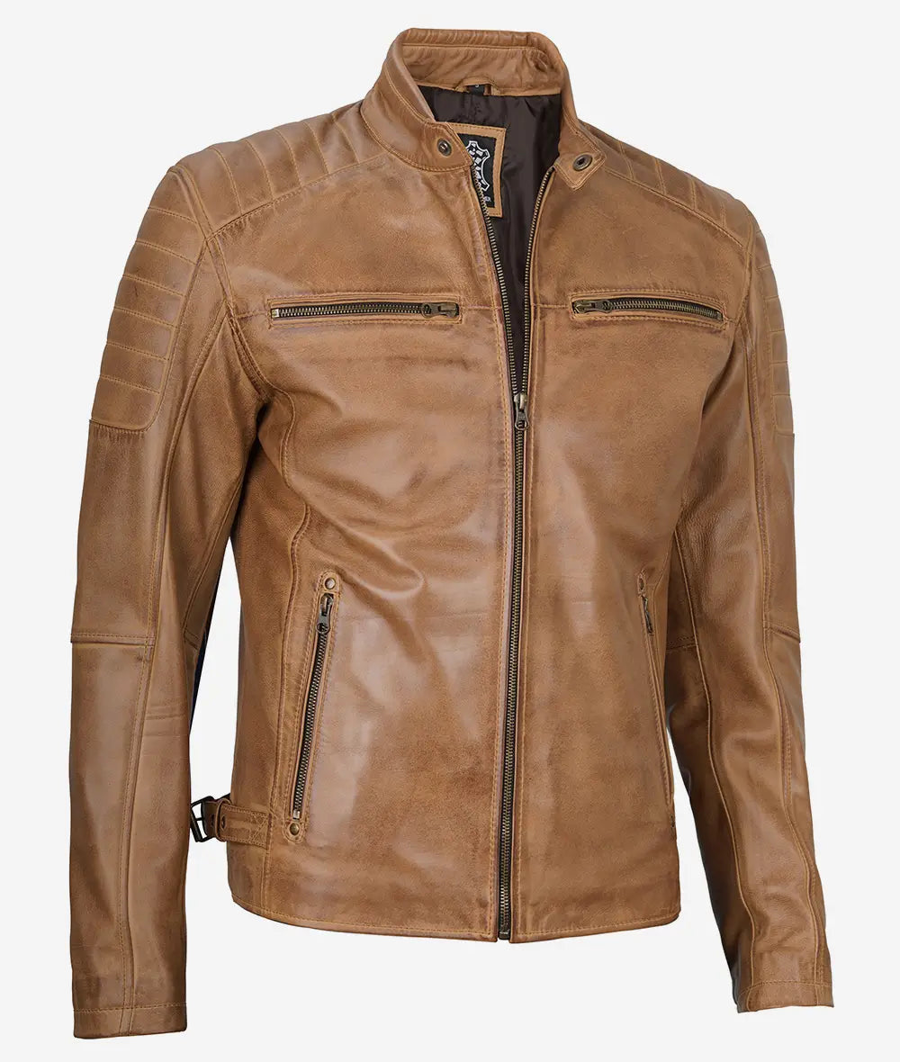 Men's Cafe Racer Camel Brown Leather Jacket