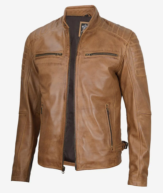 Men's Cafe Racer Camel Brown Leather Jacket