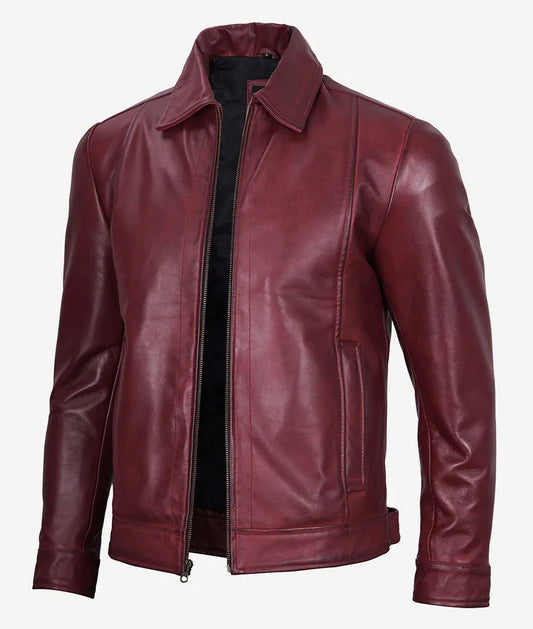 Men's Maroon Shirt Collar Leather Jacket