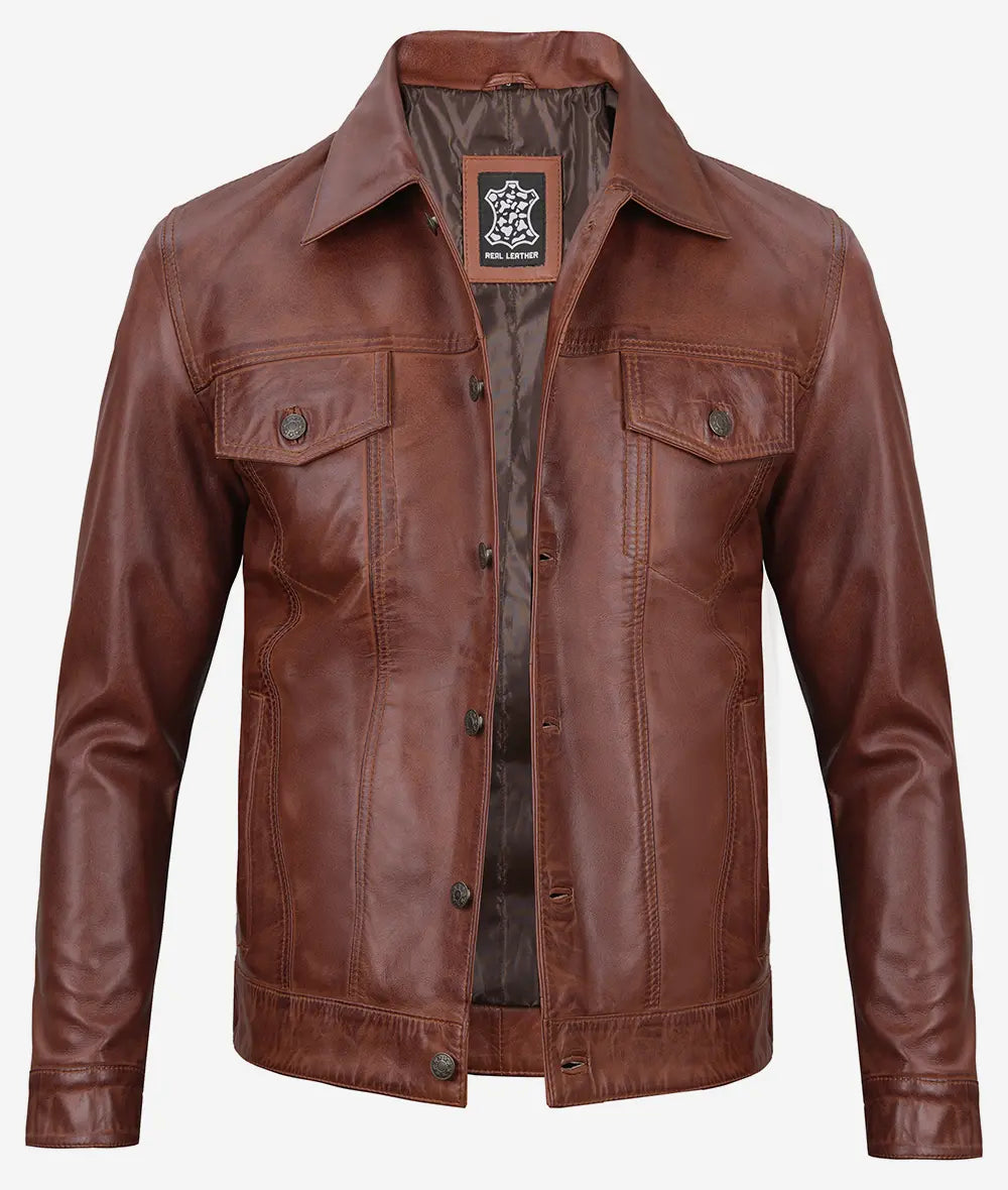 Men's Cognac Trucker Leather Jacket