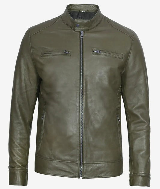 Dodge Men's Cafe Racer Military Green Real Leather Jacket