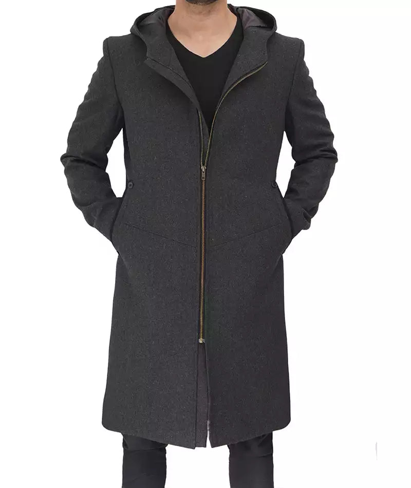 Men's Gray Long Wool Overcoat with Hood