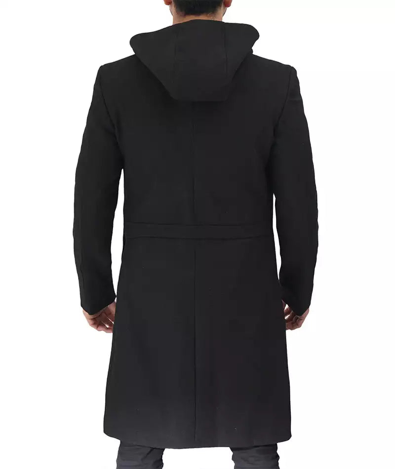 Men's Black Zip Closure Wool Coat with Hood