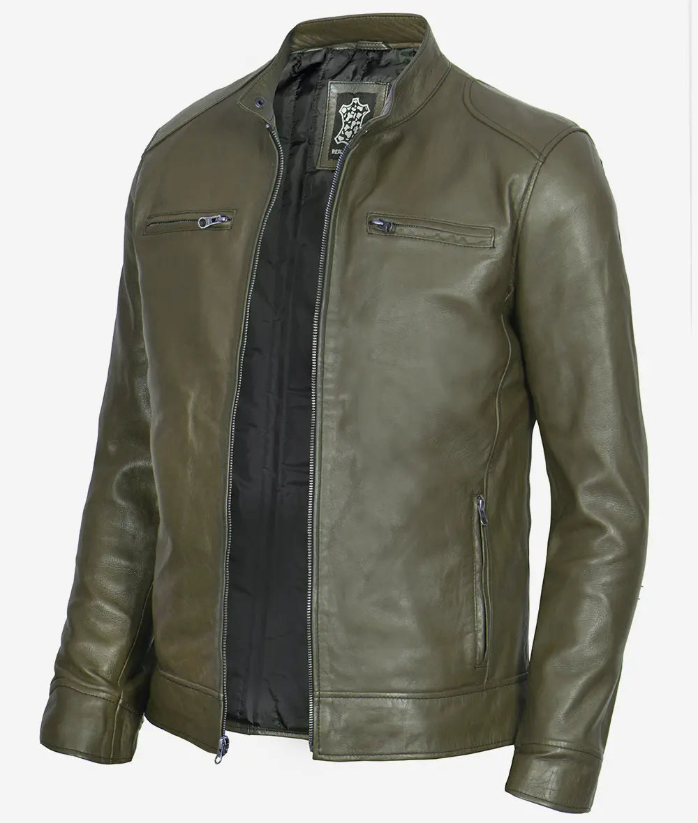 Dodge Men's Cafe Racer Military Green Real Leather Jacket