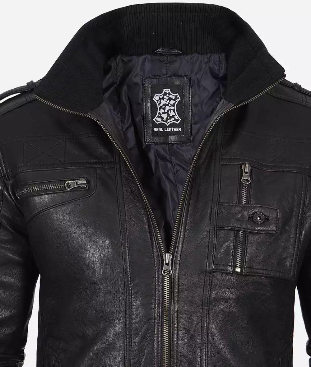 Men's Washed Black Real Leather Biker Jacket