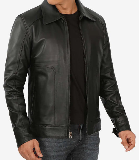 Men's Classic Black Shirt Collar Leather Jacket