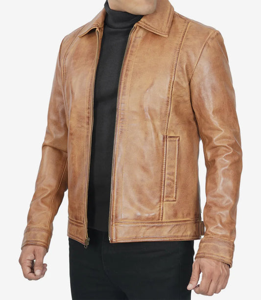 Men's Brown Shirt Collar Leather Jacket