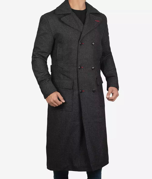 Men's Gray Double Breasted Detective Wool Coat