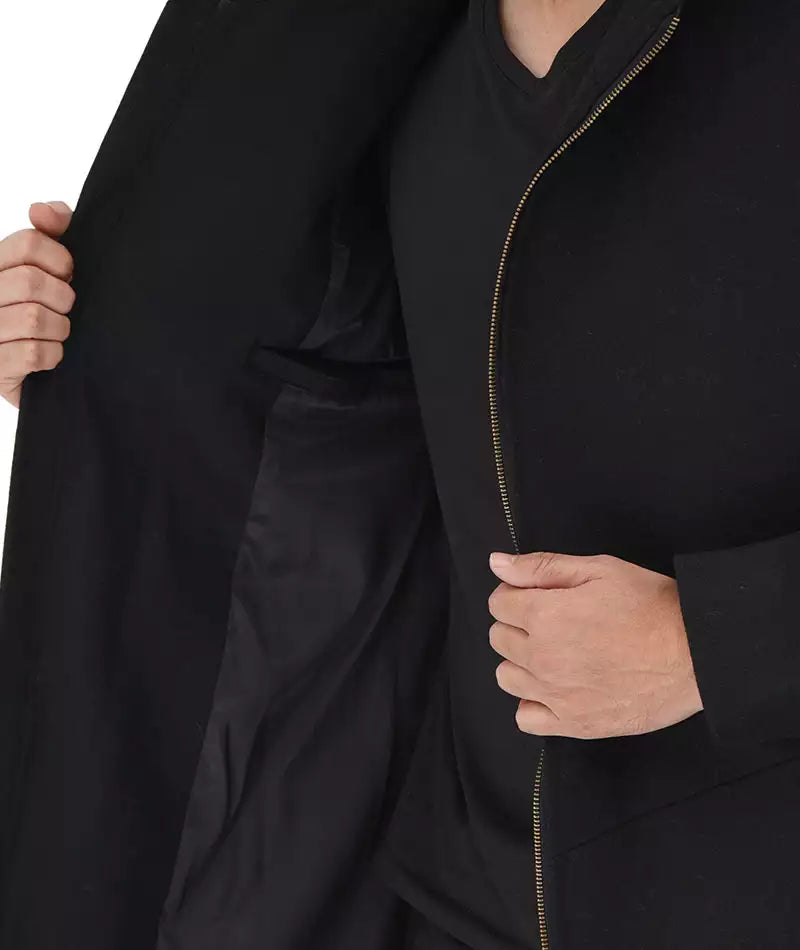 Men's Black Zip Closure Wool Coat with Hood