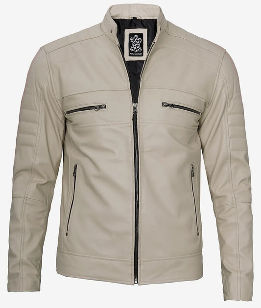 Men's Classic Beige Cafe Racer Leather Jacket