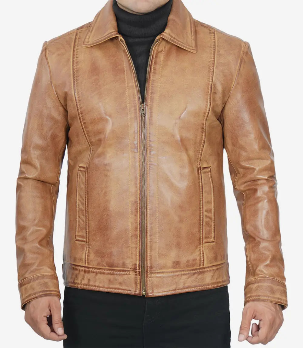 Men's Brown Shirt Collar Leather Jacket