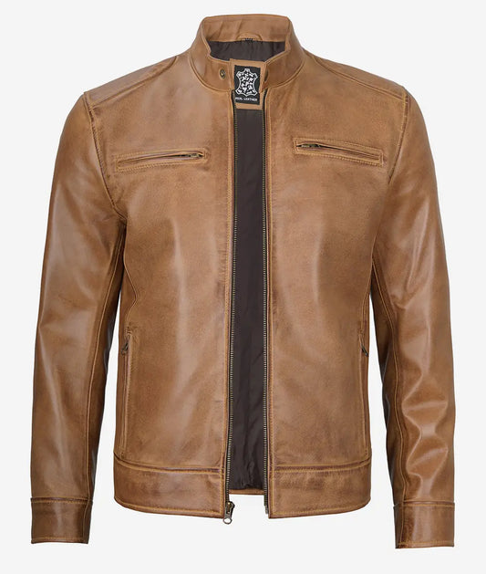 Men's Camel Brown Distressed Cafe Racer Real Leather Jacket