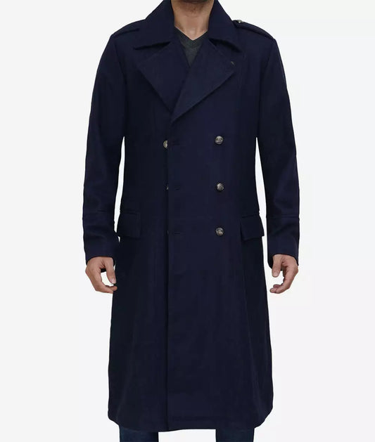 Wallace Men's Double Breasted Blue Overcoat