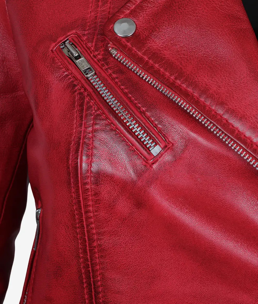 Women's Asymmetrical Belted Moto Red Leather Jacket