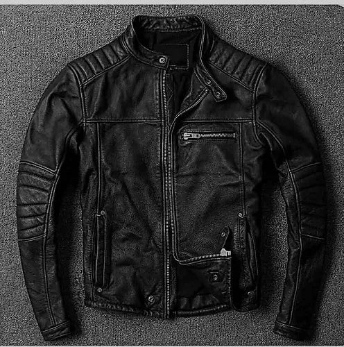 Motorcycle Biker Vintage Cafe Racer Distressed Black Genuine Leather Jacket