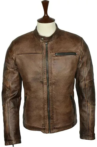 Motorcycle Biker Vintage Cafe Racer Distressed Brown Genuine Leather Jacket