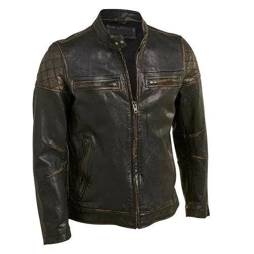 Motorcycle Cafe Racer Distressed Black Quilted Genuine Leather Jacket