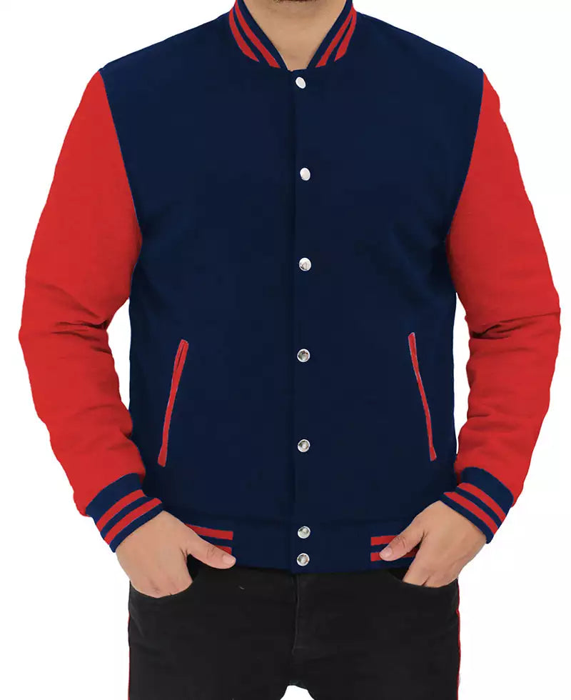 Men's Red and Navy Blue Varsity Jacket - Baseball-Style Jacket