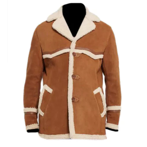 Rancher Camel Brown Genuine Real Suede Leather Coat with Sherpa Lining