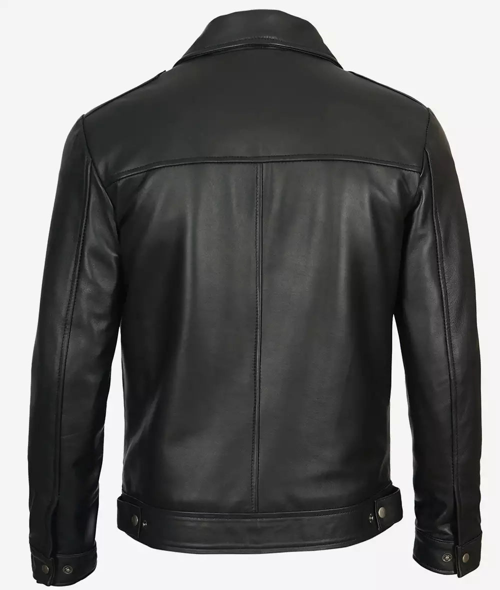 Men's Black Shirt Collar Vintage Leather Jacket