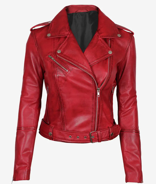 Women's Asymmetrical Belted Moto Red Leather Jacket