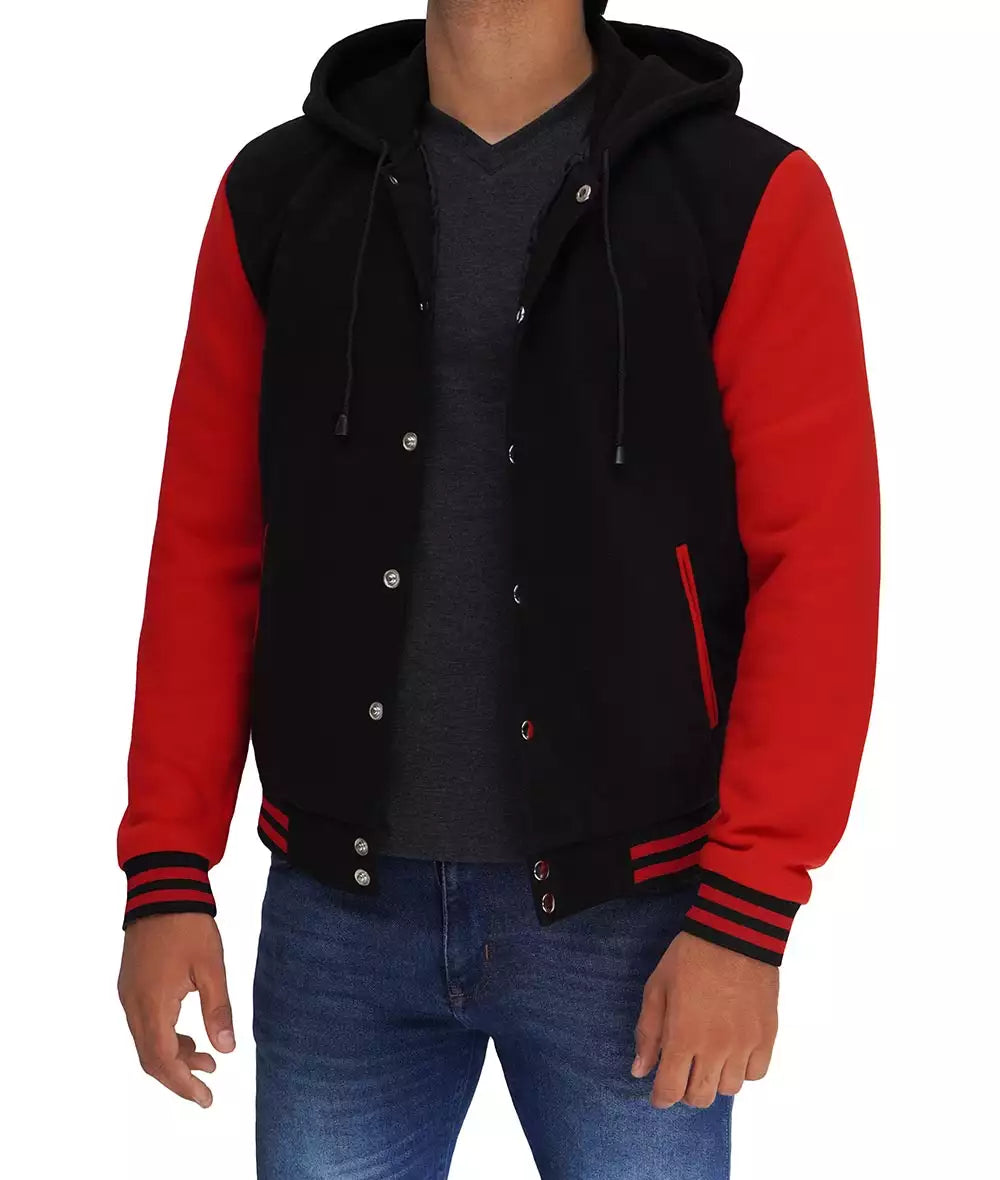 Men's Salerno Black and Red Varsity Jacket with Hood