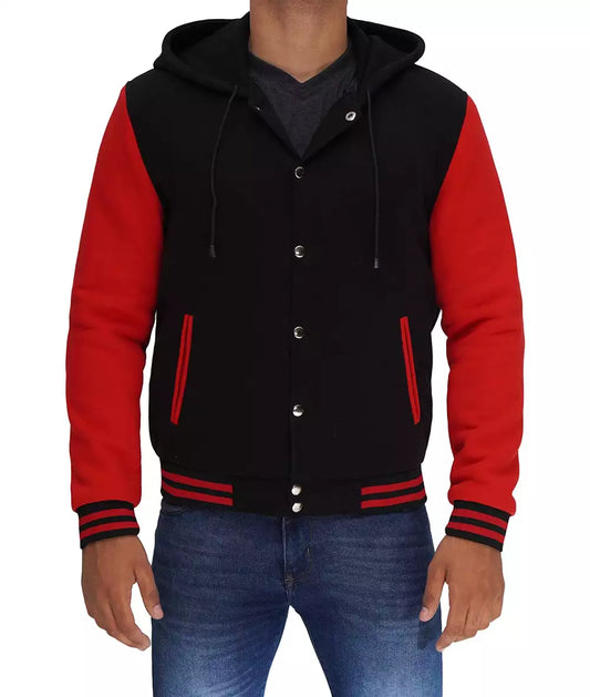 Men's Salerno Black and Red Varsity Jacket with Hood