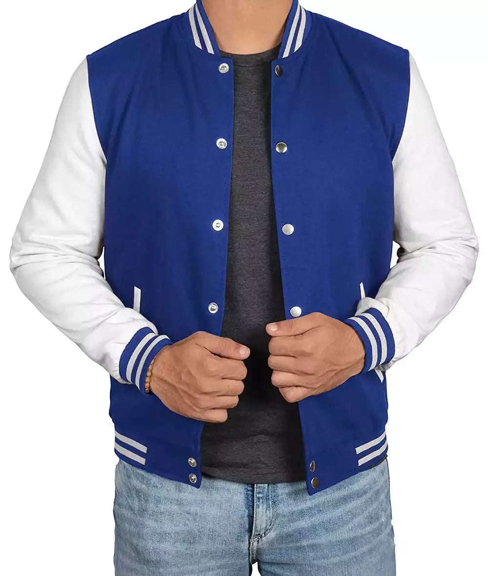 Men's Royal Blue White-Sleeved Varsity Jacket - Baseball Style Jacket