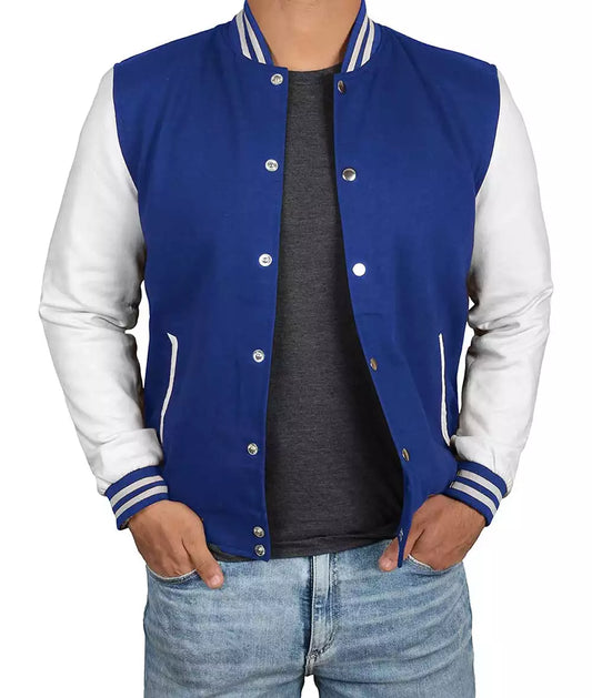 Men's Royal Blue White-Sleeved Varsity Jacket - Baseball Style Jacket