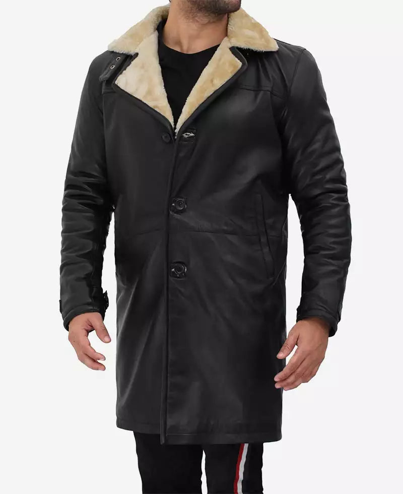 Men's 3/4  Black Length Shearling Leather Coat