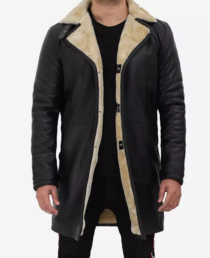 Men's 3/4  Black Length Shearling Leather Coat