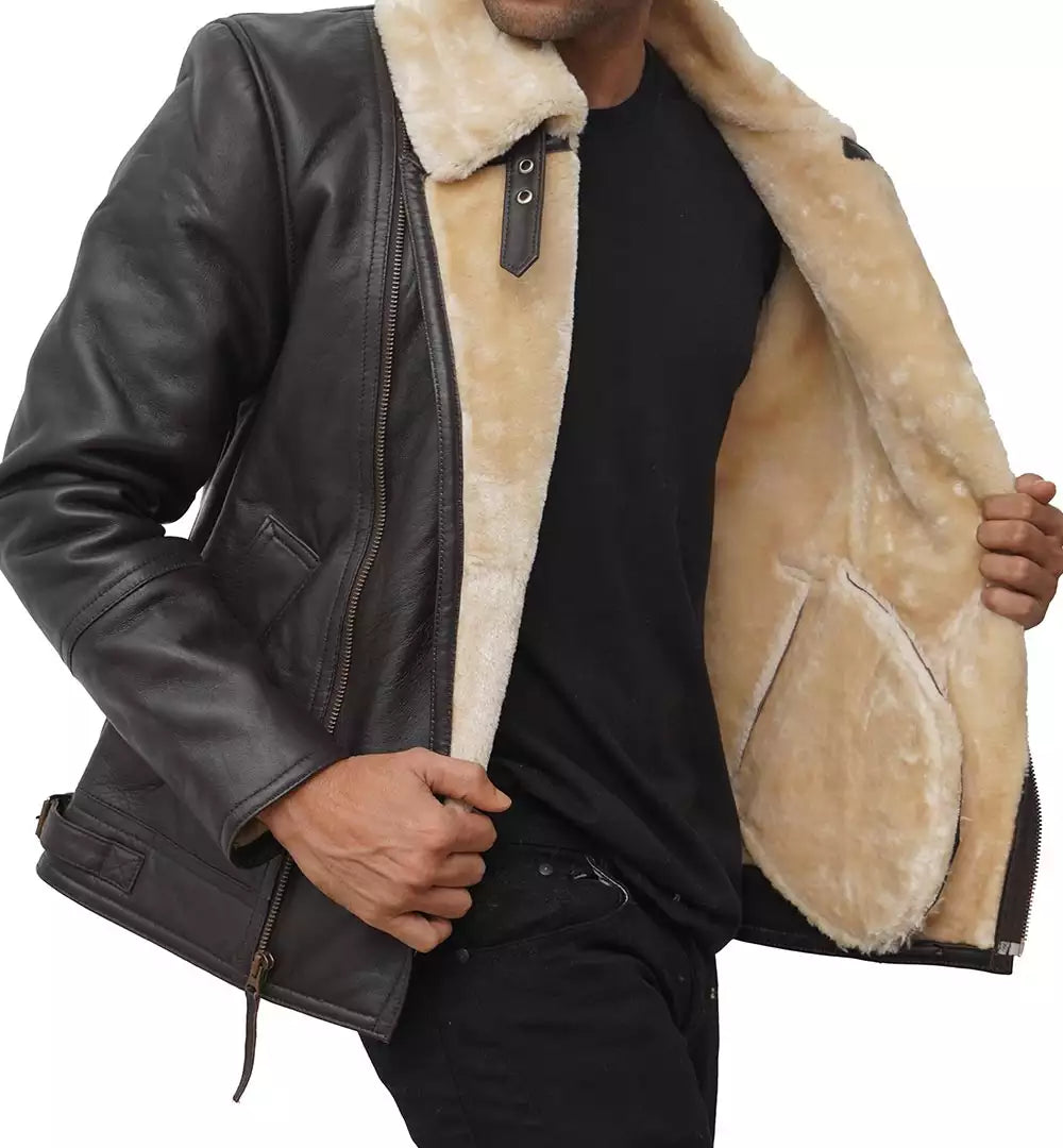 Men's Dark Brown  Shearling Bomber Leather Jacket