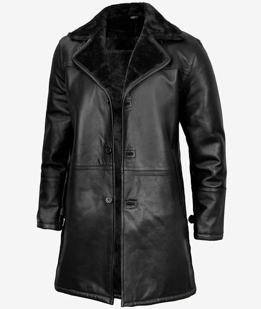 Men's Three-Quarter Black Shearling Leather Coat