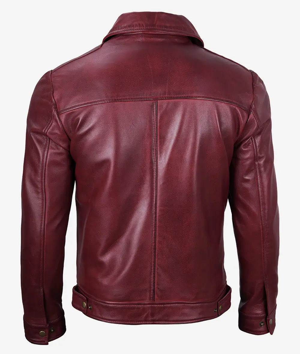 Men's Maroon Shirt Collar Leather Jacket