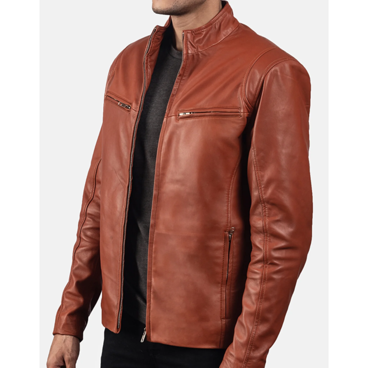 Tan Brown Leather Biker Jacket