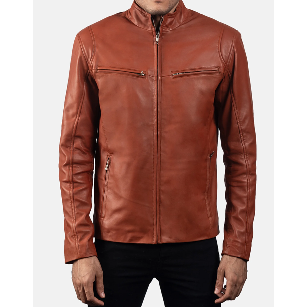 Tan Brown Leather Biker Jacket