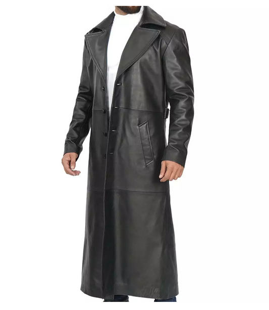 Men's Black Full-Length Leather Trench Coat