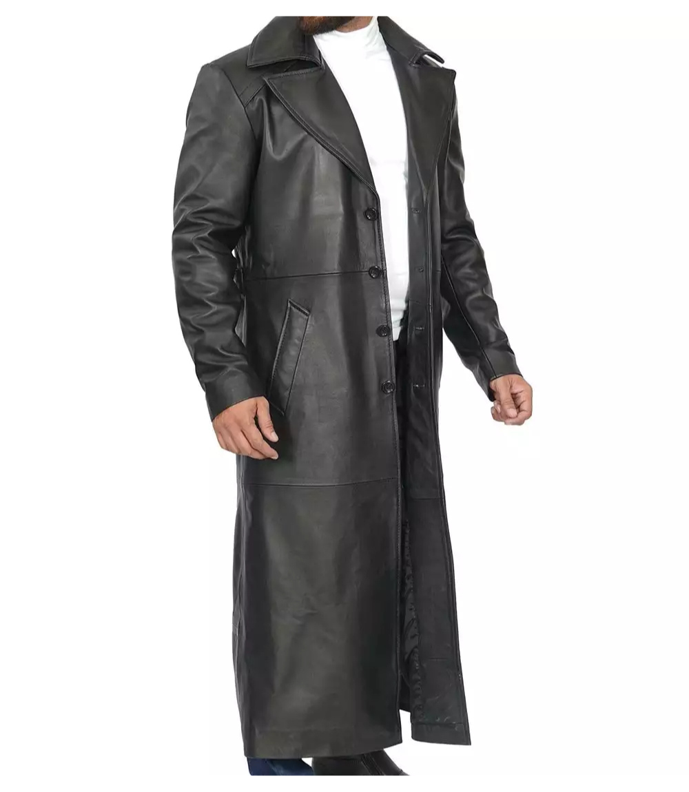 Men's Black Full-Length Leather Trench Coat