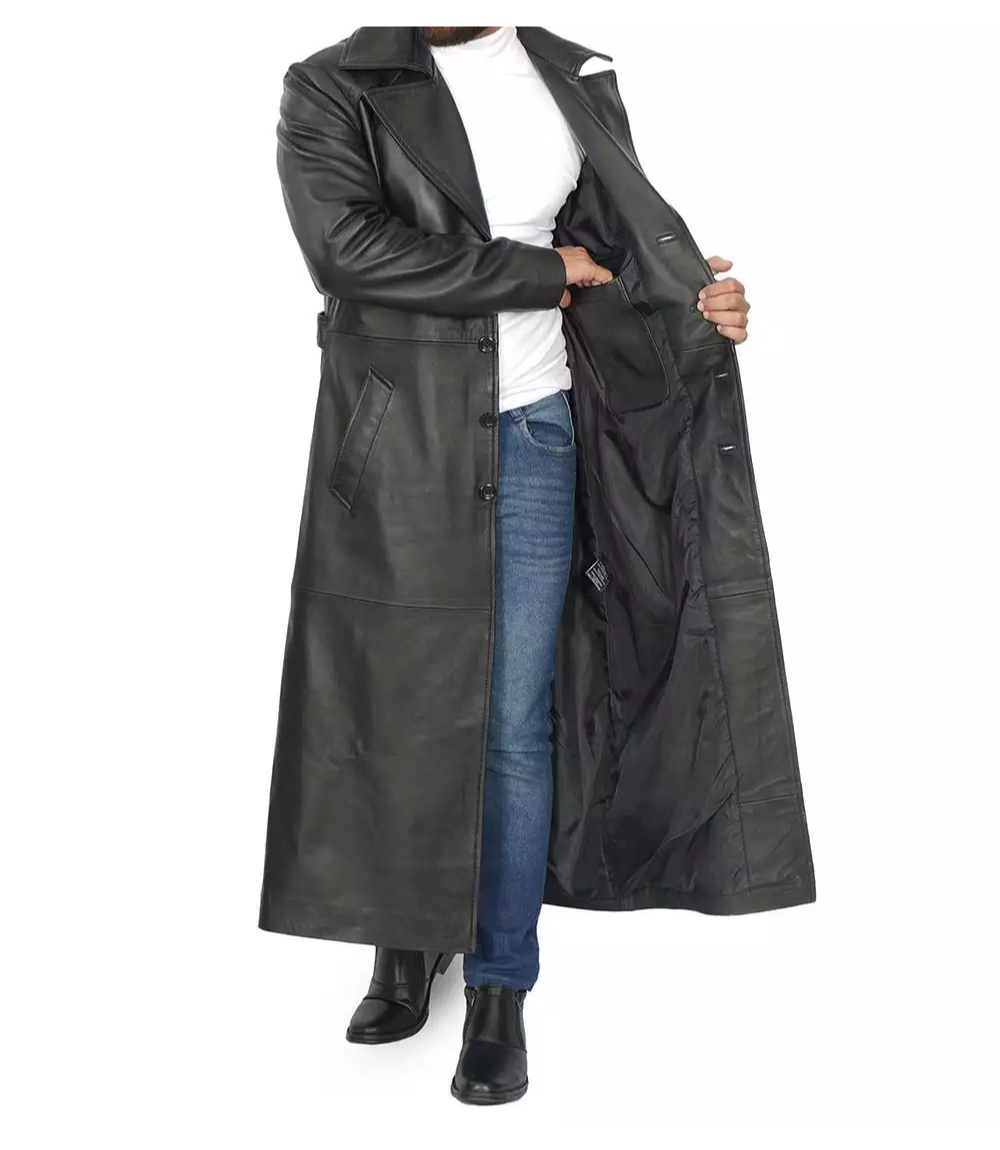 Men's Black Full-Length Leather Trench Coat